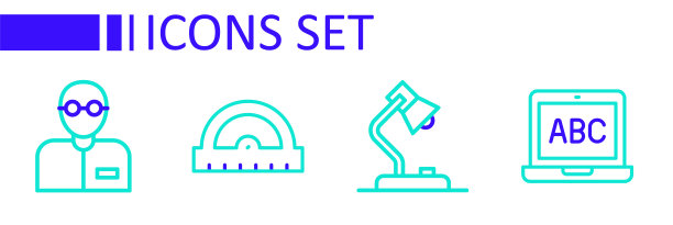 设置线笔记本电脑，台灯，量角器网格和教师图标。向量图片下载