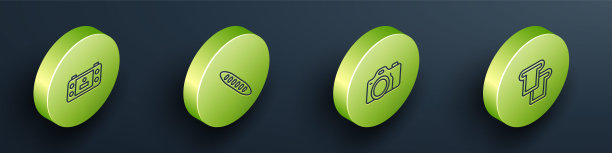 设置等距线便携式视频游戏机，法国法棍面包，照片相机和面包吐司图标。向量图片下载