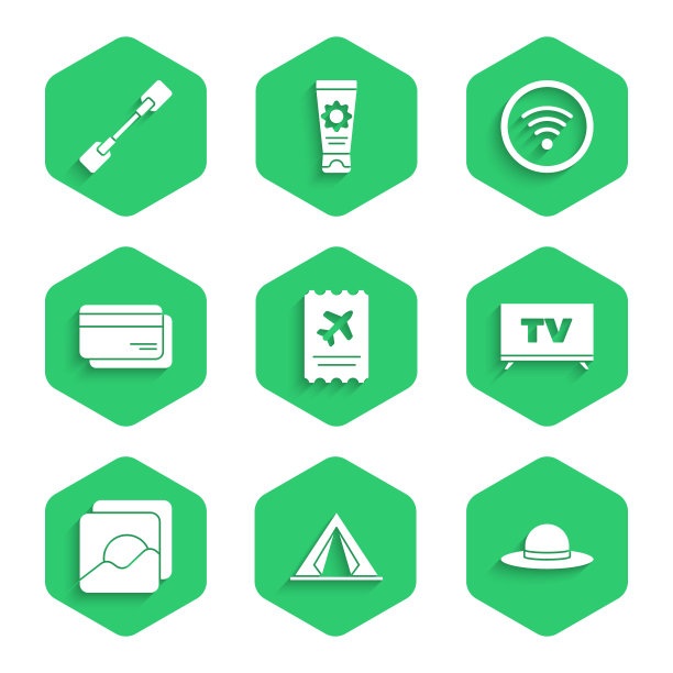 集机票，旅游帐篷，优雅女士帽，智能电视，照片，信用卡，Wi-Fi无线网络和桨图标。向量图片下载