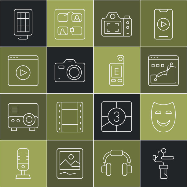 相机万向节稳定器，喜剧戏剧面具，直方图摄影，照片，在线播放视频，软箱灯和测光表图标。向量图片下载