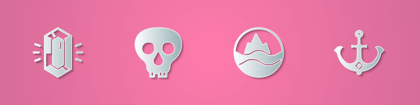 集剪纸宝石，石头，头骨，海浪和锚图标。纸艺风格。向量图片下载