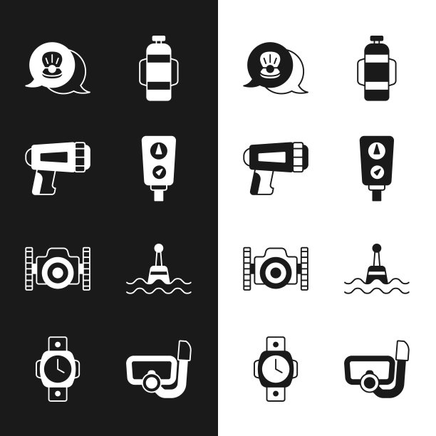 集压力表刻度，潜水员手电筒，扇贝海贝壳，潜水器，照相机，浮筒，潜水面罩与通气管和手表图标。向量图片下载