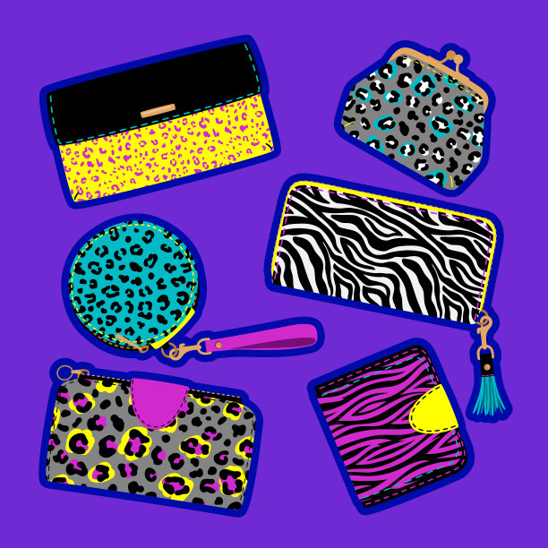 时尚的动物印花钱包，亮丽的女性配饰收藏。矢量钱包打印，皮肤纺织时尚动物图片下载