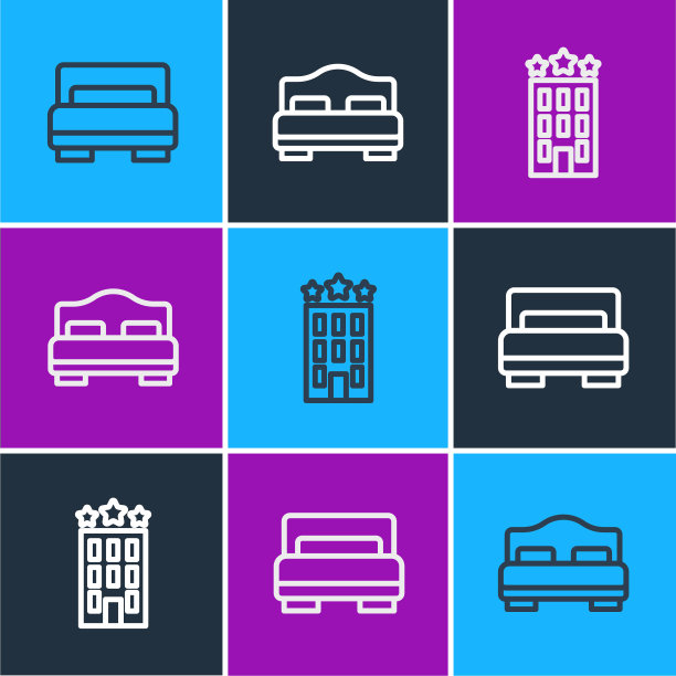 设置线酒店房间床，建筑和图标。向量图片下载
