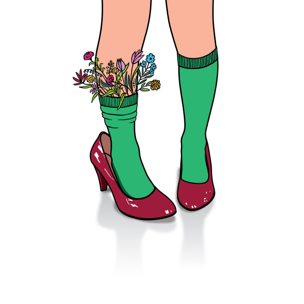 红色的高跟鞋和绿色的袜子，上面有花。图片下载