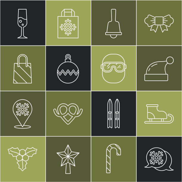 雪花语音泡泡、溜冰鞋、圣诞老人帽子、欢乐的铃铛、圣诞球、购物袋、香槟酒杯和滑雪镜图标矢量素材图片下载