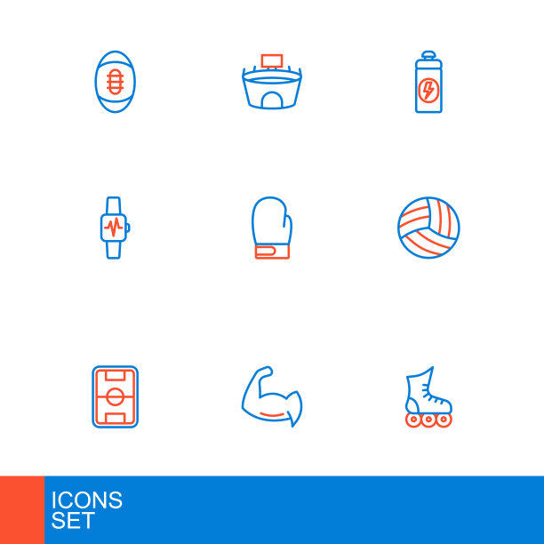 设置线轮滑，健美运动员展示他的肌肉，足球场，排球，智能手表与心脏，拳击手套，健身震动器和体育场的标志。向量图片下载