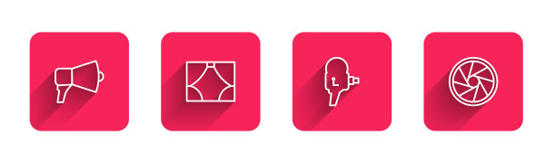 系列扩音器、幕布、复古电影摄影机、长影快门。红色方块按钮。向量图片下载