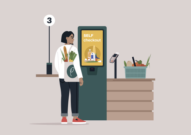 在杂货店，顾客随意地与用户友好的自助结账终端交互，在日常购物中融合了技术和便利性图片下载