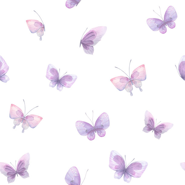 粉色和丁香蝴蝶的水彩插图。无缝花纹，柔和，通透。适用于织物、纺织品、墙纸、印刷品、废纸等图片下载