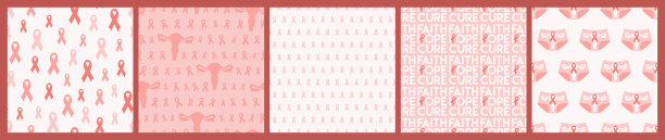 一套子宫癌意识月桃色背景。无缝图案与桃红色癌症丝带，内裤和子宫。癌症预防，女性健康插画图片下载