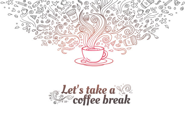 手绘咖啡休息涂鸦概念艺术。咖啡店墙面背景插图。线条画涂鸦收集与杯咖啡在白色的背景图片下载
