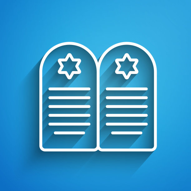 白线墓碑与大卫之星图标隔离在蓝色背景。犹太人的墓碑。墓碑图标。长长的阴影。向量图片下载