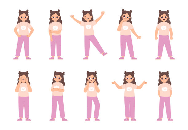 可爱有趣的小女孩的表情。情感卡通女性角色，蹒跚学步的孩子生气，悲伤和快乐。宝宝的思考和挫折，温馨的矢量集图片下载