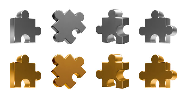 3d拼图的黄金和白银。金属拼图片矢量孤立渲染。解决问题的团队工作概念插图，白色背景。图片下载