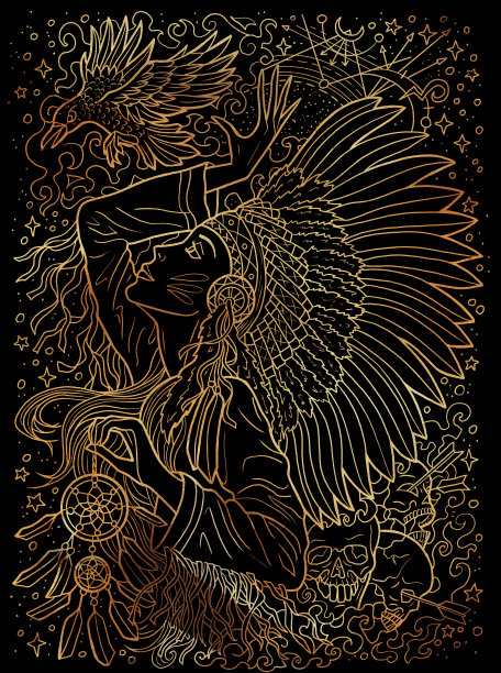 幻想雕刻插图与美丽的美国印第安妇女女巫或魔术师黑色纹理的背景。图片下载