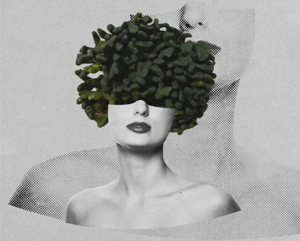 抽象和超现实的女人与绿色花的头发在她的头部肖像插图图片下载