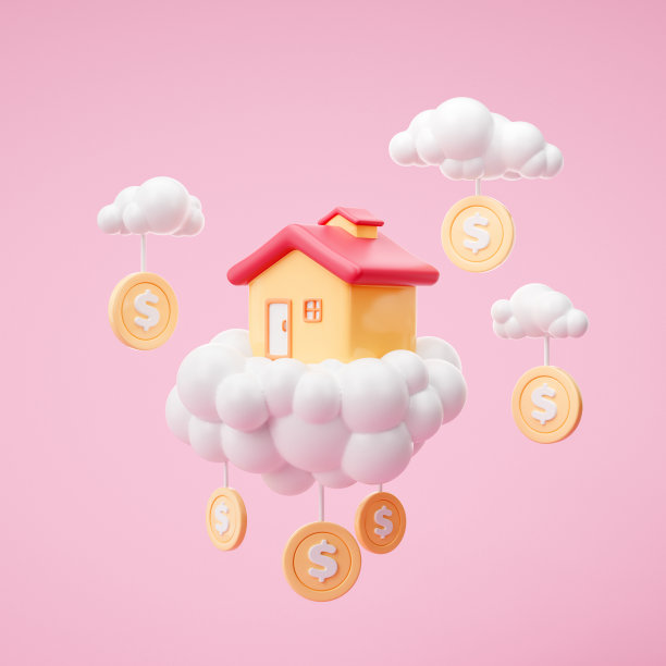 3D房屋，公寓和城市空间出租，销售和贸易的概念。房子在云上挂着硬币。3d渲染图图片下载