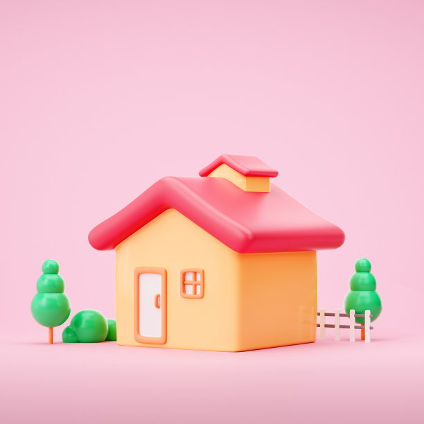 在房地产销售和房地产投资概念中，粉色背景的简单房子。买地建新房子。三维演示图片下载