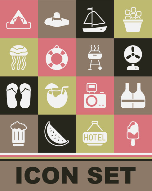集冰淇淋，救生衣，电风扇，游艇帆船，救生圈，水母，旅游帐篷和烧烤图标。向量图片下载
