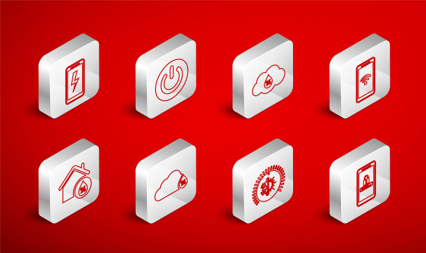 设置线路移动和密码保护，电源按钮，湿度，带wi-fi无线，恒温器，充电电池，和室内湿度图标。向量图片下载