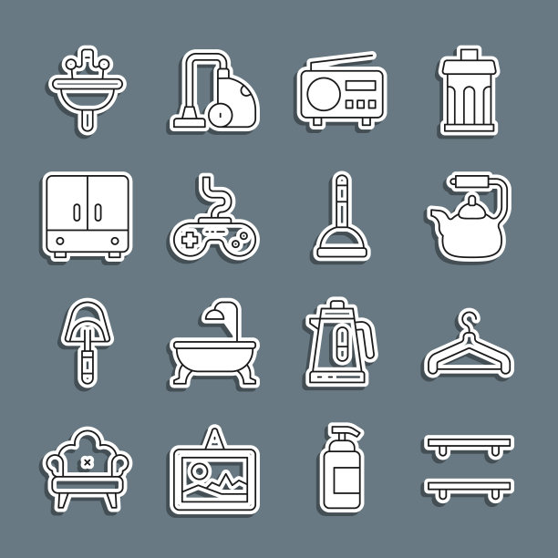 设置线空木架子，衣架衣柜，水壶与手柄，收音机，手柄，衣柜，脸盆和橡胶柱塞图标。向量图片下载