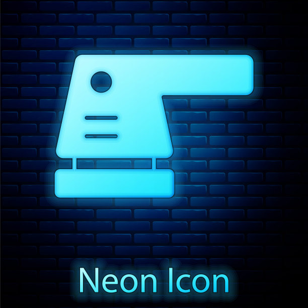 发光的霓虹灯电动砂光机图标孤立的砖墙背景。轨道砂光机。用于地板和木板的打磨砂纸。向量图片下载