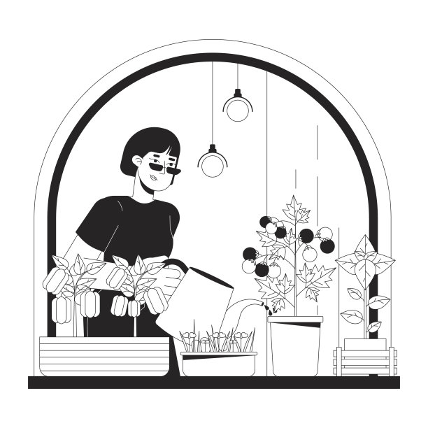 种植室内蔬菜窗台黑白卡通平面插图图片下载