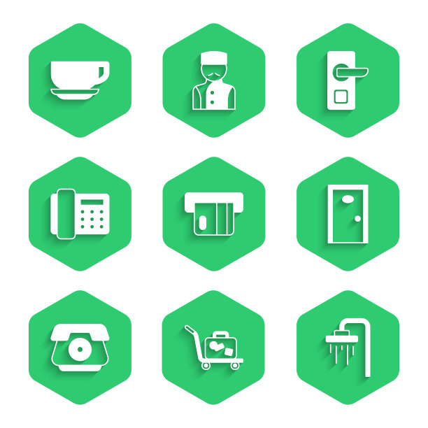 设置信用卡，手推车行李箱，淋浴，酒店门，电话听筒，数字锁和咖啡杯图标。向量图片下载