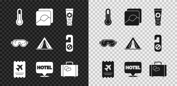 集气象温度计，照片，防晒霜在管，机票，地点酒店，行李箱，滑雪护目镜和旅游帐篷图标。向量图片下载