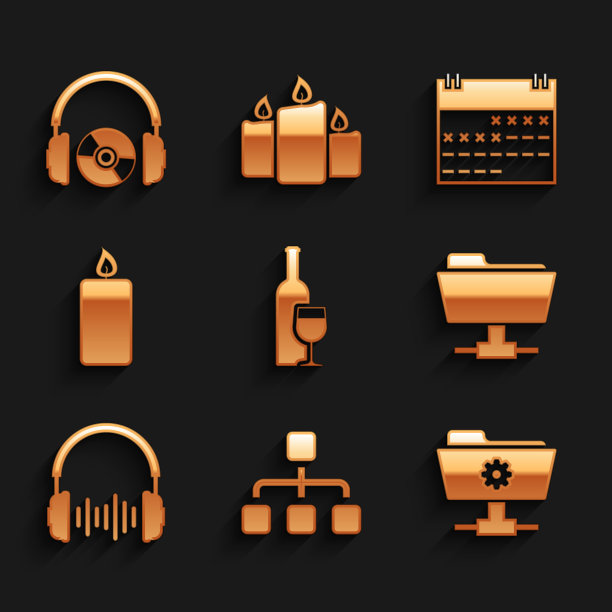 设置酒瓶与玻璃，层次结构图，FTP设置文件夹，，耳机和声波和燃烧的蜡烛图标。向量图片下载