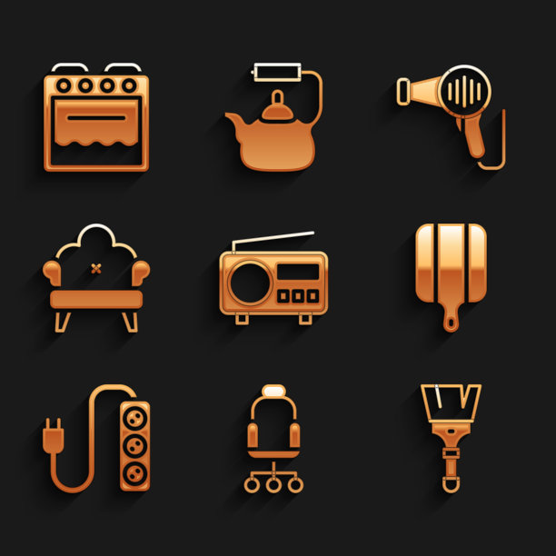 设置收音机，办公椅，油漆刷，砧板，电动延长，沙发，吹风机和烤箱图标。向量图片下载