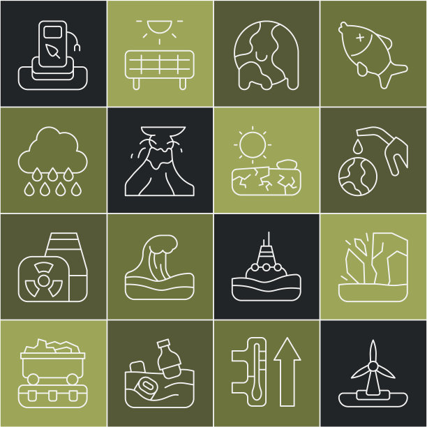 设置线风力涡轮机，冰川融化，气泵喷嘴和全球，全球变暖，火山喷发与熔岩，云雨，汽油或加油站和干旱图标。向量图片下载