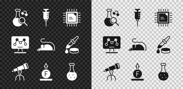设置试管，注射器，处理器CPU，望远镜，物理公式的力量，基因工程和实验鼠标图标。向量图片下载