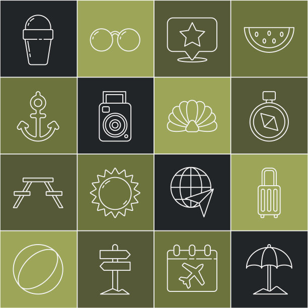 集线沙滩防晒伞，手提箱，指南针，地图指针与星星，照相机，锚，冰淇淋华夫蛋筒和扇贝海贝壳图标。向量图片下载