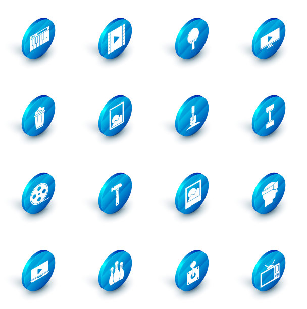 集播放视频，球拍打乒乓球，在线视频，爆米花纸箱，电影卷轴，图片景观，哑铃和铲地面图标。向量图片下载