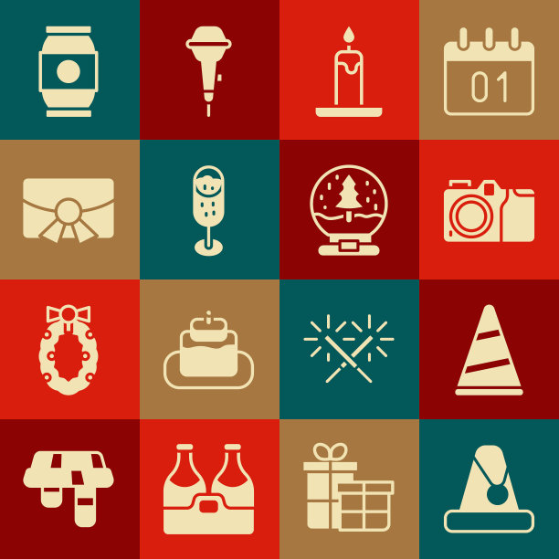 集圣诞老人帽子，派对，照相机，燃烧的蜡烛，香槟，明信片，啤酒和雪花玻璃球图标。向量图片下载