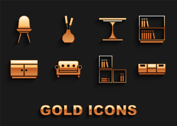 采购产品沙发，图书馆书架，家具床头柜，架子，衣柜抽屉，圆桌，椅子和花瓶图标。向量图片下载