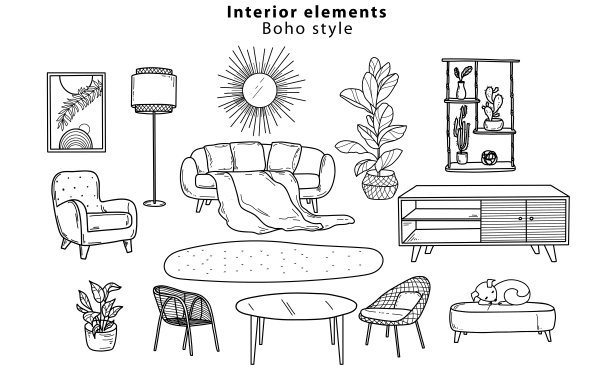 手绘涂鸦风格，斯堪的纳维亚家具室内元素波西米亚风格。客厅舒适的家居环境。矢量图图片下载
