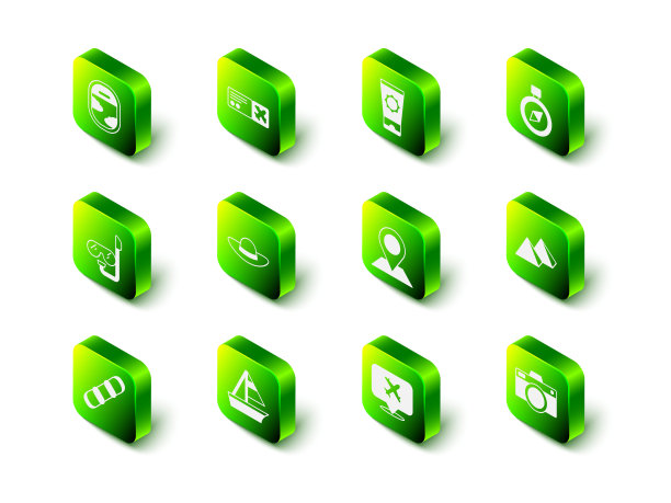 集机票，防晒乳管，指南针，埃及金字塔，照相机，位置，语音气泡与飞机和游艇帆船图标。向量图片下载