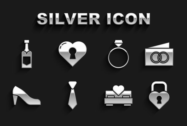 集领带，贺卡，城堡心脏的形状，卧室，女人的鞋子，钻石订婚戒指，香槟瓶和心脏钥匙孔图标。向量图片下载