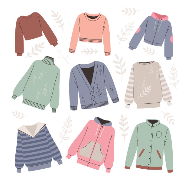 一套各种时尚的夹克和毛衣在一个白色的背景。矢量夹克和毛衣，时尚服装图片下载