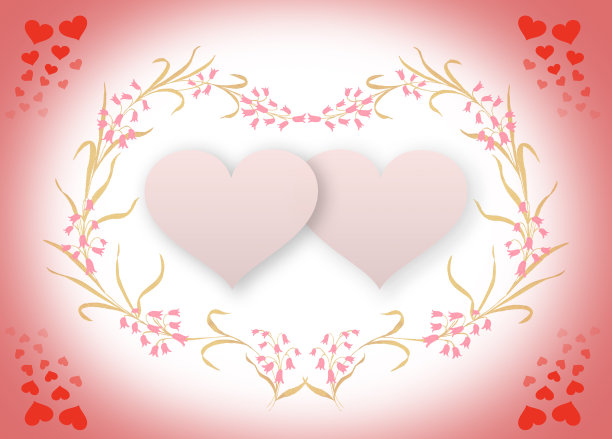 框架与红色粉红色的心在绿叶和花蕾。情人节贺卡，生日贺卡。图片下载