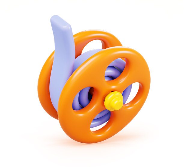 电影卷轴或卷轴与影院磁带3d渲染图标。电影工业元素，胶片卷带带。橙色圆形框架与蓝色薄膜带隔离在白色背景。卡通设计图片下载