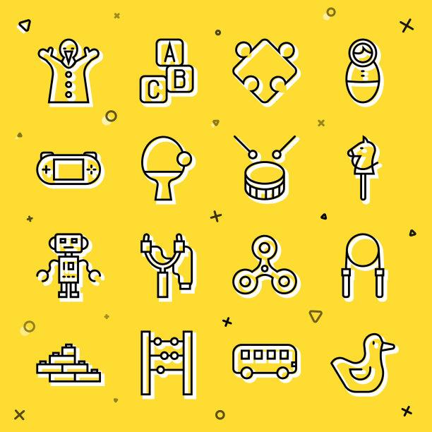 集线橡皮鸭，跳绳，玩具马，拼图片玩具，球拍和球，便携式视频游戏机，木偶娃娃手和鼓与鼓棒图标鼓。向量图片下载