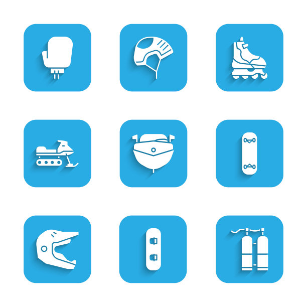 集快艇，滑雪板，滑水，滑板技巧，摩托车越野摩托车头盔，雪地车，轮滑和拳击手套图标。向量图片下载