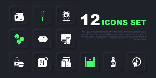 集瓶装水，24小时送货，午餐盒，在线订购食品，饼干饼干，食品，刀和图标。向量图片下载