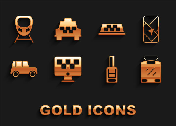 集电脑呼叫出租车服务，城市地图导航，有轨电车和铁路，遥控车钥匙，出租车车顶，高速列车和图标。向量图片下载