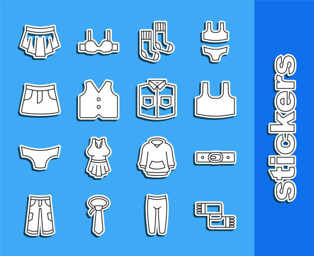 集线冬季围巾，腰带，汗衫，袜子，马甲，裙子和衬衫图标。向量图片下载