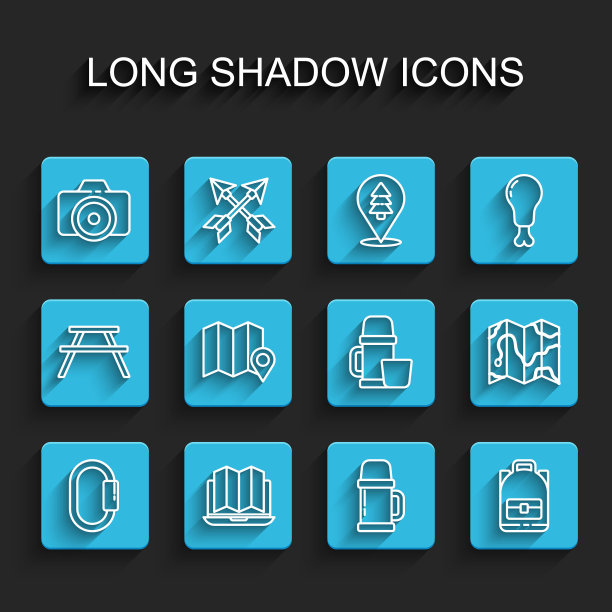 设置线扣环，位置的森林笔记本电脑，照片相机，保温瓶容器，徒步背包，地图，和杯图标。向量图片下载